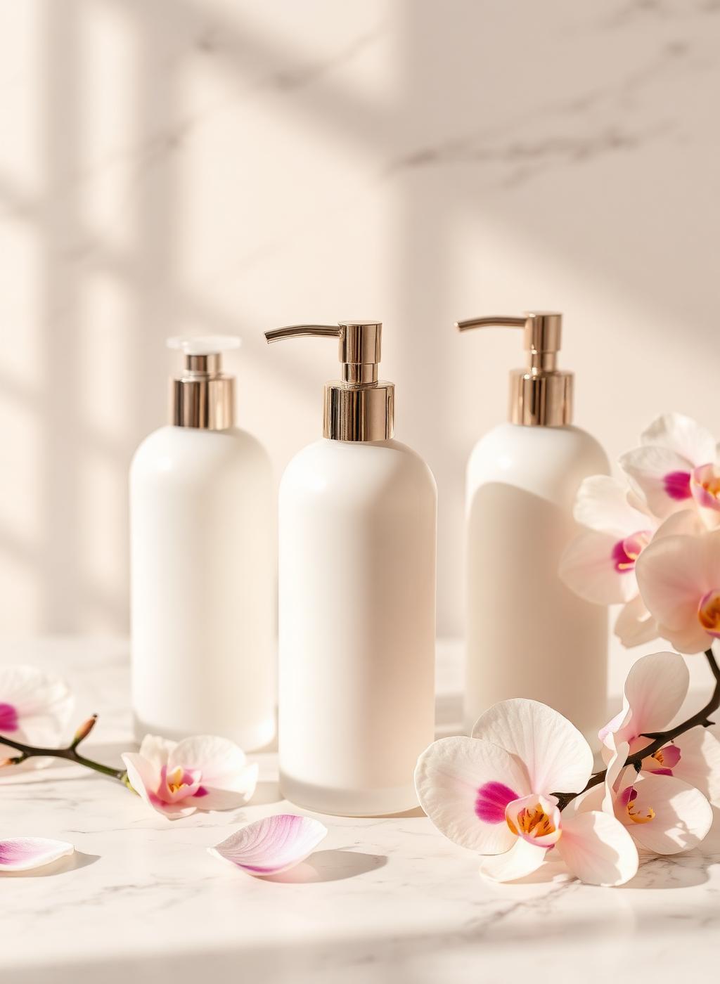 Premium spa lotion bottles with fresh orchids