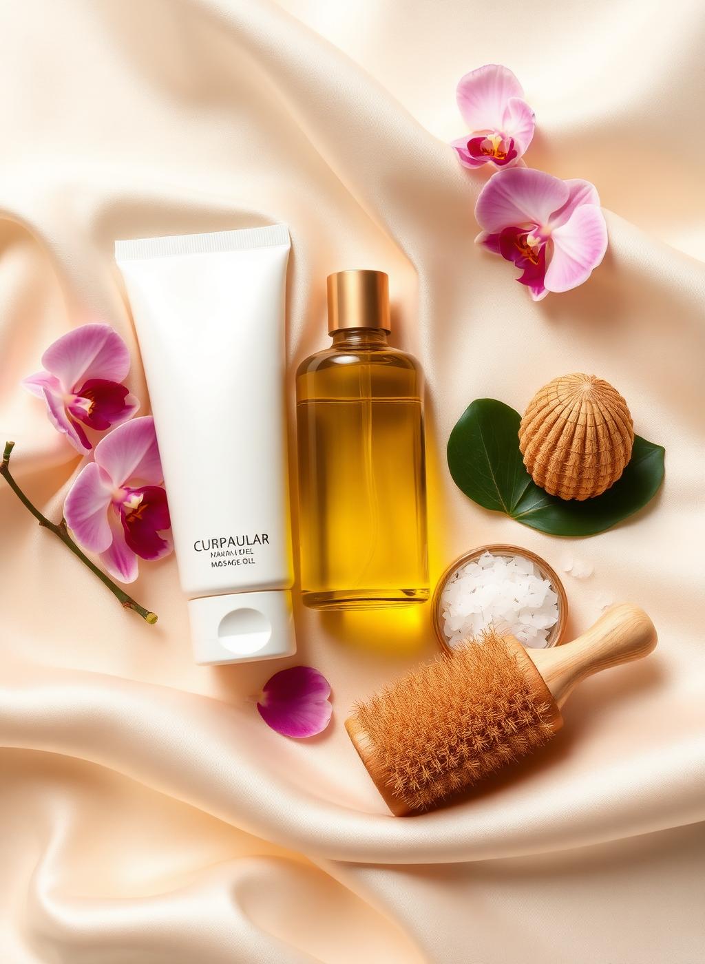 Spa product flat lay with oils and orchids