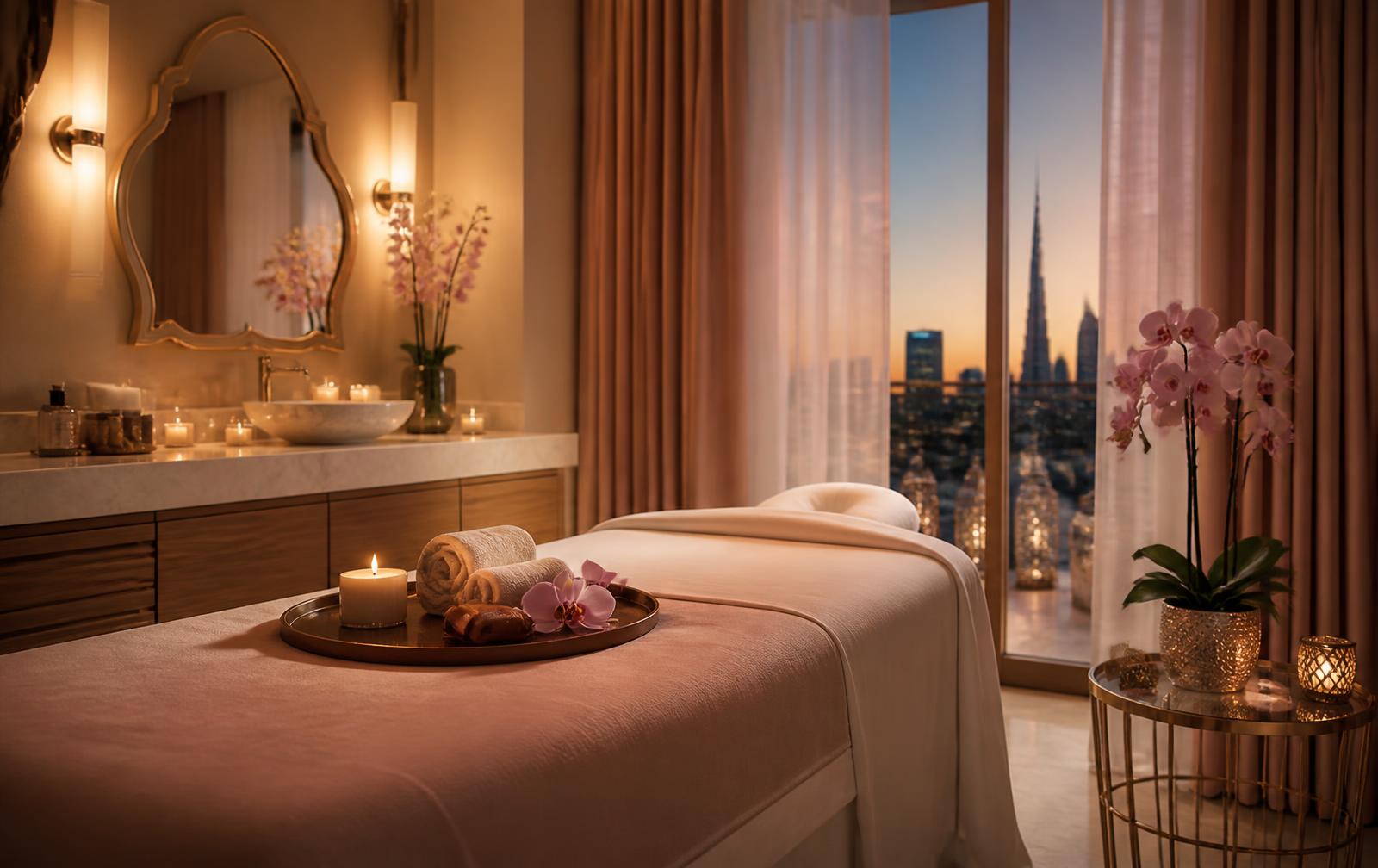 Candlelit luxury massage treatment room at Orchid Spa in Deira, Dubai